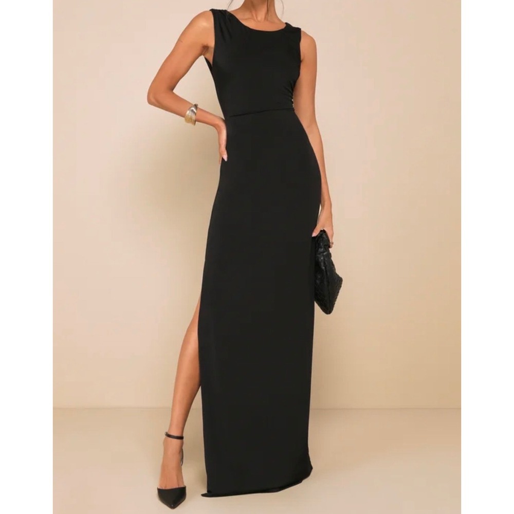 Lulus Significant Allure Black Slinky Ruched Maxi Dress Side Slit Size L